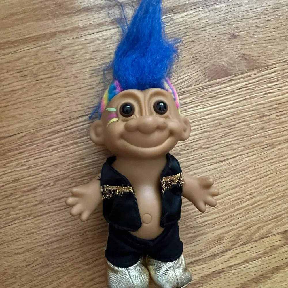 Troll Doll with Blue Hair and Black Outfit rock star